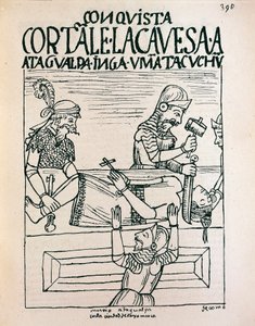 Inkakejsaren Atahualpa avrättad av spanjorer i Cajamarca, 28 juli 1533 (bläckteckning