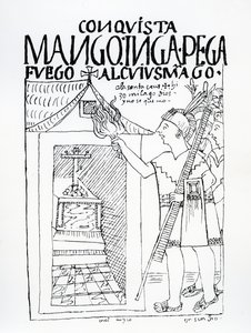 Manco Inca försöker bränna inkapalatset Cuyus Mango, som hade konverterats för kristen dyrkan, men Gud ingriper (träsnitt) av Felipe Huaman Poma de Ayala