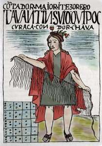 Quipu (Quipo Quipou) Inkaredovisningssystem i rep och knutar, inkakultur 1400-1532 e.Kr., manuskript av Felipe Guaman Puma de Ayala (New Chronicle and Good Government), indisk kolumnist från 1500-talet.