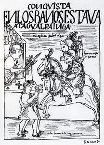 Sebastian de Benalcazar och Hernando Pizarro konfronterar Atahualpa Inca vid Royal Baths i Cajamarca (träsnitt) av Felipe Huaman Poma de Ayala