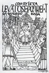 Den nykrönade Manco Inca på tronen i Cuzco (träsnitt) av Felipe Huaman Poma de Ayala
