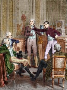 Den förste konsuln Bonaparte som talar med matematikern Gaspard Monge - Diskussion entre Bonaparte, premiärkonsul, et Gaspard Monge (1746-1818) gravyr av Felix Philippoteaux (1815-1884).
