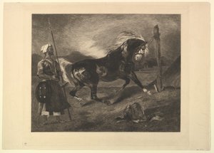Arabisk häst på påle, efter Delacroix, 1857.