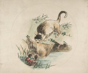 Dekoration för en tallrik: En katt som jagar en krabba, 1850-1914. av Felix Bracquemond