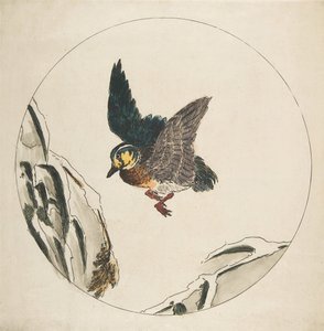 Dekoration för en tallrik: En anka som flyger över snötäckta grenar, 1850-1914. av Felix Bracquemond