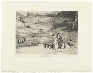 Unga kvinnor ger herdinna pengar i kuperat landskap Les demoiselles du villages (titel på objekt)