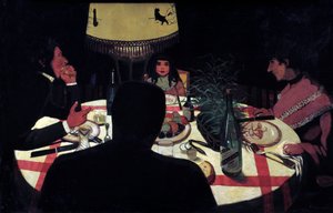 Middag, lampeffekt. Representation av målaren omger hans fru och vackra barn. Målning av Felix Vallotton (1865-1925) Ec. Följ av Felix Edouard Vallotton