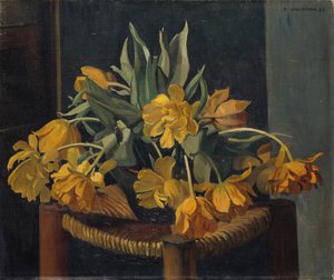 Dubbla gula tulpaner på korgstol, 1923 av Felix Edouard Vallotton