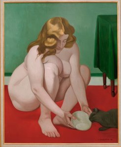 Hukande kvinna som erbjuder mjölk till en katt av Felix Edouard Vallotton
