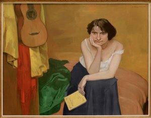 Brunett kvinna sitter frontalt, med gitarr av Felix Edouard Vallotton