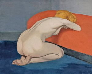 ""Naken kvinna som knäböjer framför en röd soffa"" Naken kvinna knäböjer framför en röd soffa av Vallotton, Felix Edouard (1865-1925)