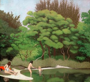 Soligt undervegetationslandskap, med två kvinnor och ett barn av Felix Edouard Vallotton