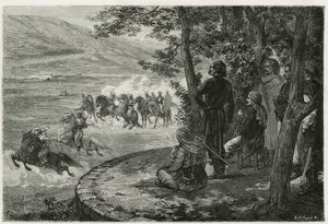 Djeridens lopp började ryttaren hålla en kort käpp som representerade både spjutet och geväret; han grenade den ovanför huvudet innan han kastade den, graverad av F.Regamey, för att illustrera historien Les Ansaries, av Leon Cahun, en mission cha av Felix Elie Regamey