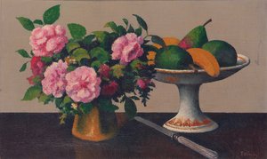 Stilleben med blommor och frukt (olja på duk)