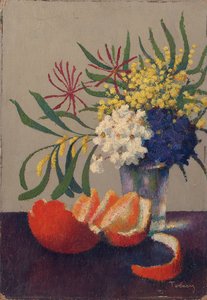 Stilleben med blommor och en apelsin (olja på kartong)