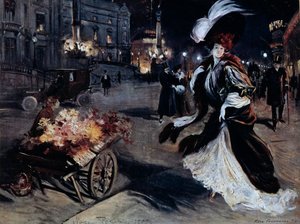 Belle Epoque: Kvinna i hägrar på en gata i Paris på natten. Illustration av Felix Fournery (1865-1938)