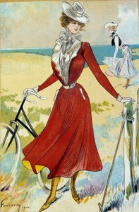 Mode Belle Epoque: "" Den sportiga"" Outfit av ung kvinna cyklist. Illustration av Felix Fournery (1865-1938) 1900-talets Paris, dekorativ konst