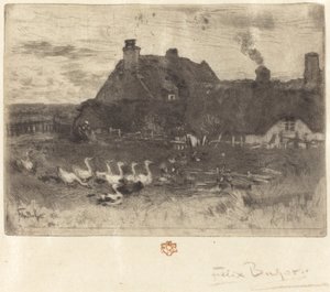 Les Petites Chaumières stugor med halmtak – liten tallrik, 1878. av Felix Hilaire Buhot
