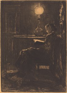 Kvinna som läser med lampljus, 1879. av Felix Hilaire Buhot