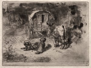 The Guardians of the House, eller Saltimbanques vänner av Felix Hilaire Buhot