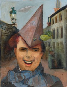 Självporträtt med en pappershatt och blå halsduk, ca 1936 (olja på plywood) av Felix Nussbaum