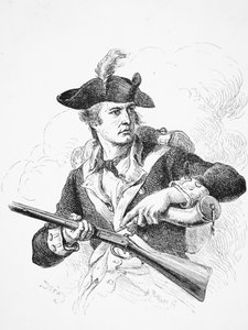 En amerikansk soldat, under frihetskriget, använde sitt kruthorn för att grunda pannan på sin flintlockmusköt, graverad av A. Bollett (gravyr) av Felix Octavius Carr (after) Darley