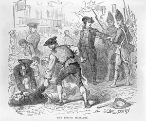 Bostonmassakern, 5 mars 1770, graverad av A. Bollett