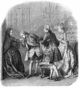 Ludvig XV (1710-1774) kysser handen på prinsessan av Lamballe (Marie Therese Louise de Savoie-Carignan eller Savoie Carignan) (1749-1792), i närvaro av markisen de Richelieu och Melle Lange (blivande grevinnan av Barry ( Madame du Barry) född Jeanne Be