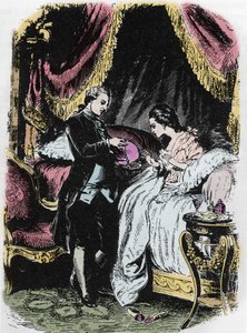 Drottningens sprit inspirerar halsbandsfodralet. Teckning av Felix Philippoteaux (1815-1884) till Alexandre Dumas "Drottningens halsband". av Felix Philippoteaux