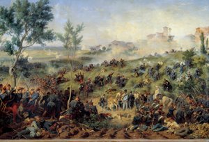 Utsikt över slaget vid Montebello di Casteggio, 1859-05-20 Frankrike vinner den österrikiska armén. Målning av Henri-Felix-Emmanuel Philippoteaux (1815-1884) 1862. Dim. 1x1,5 m. Paris, Musee de l