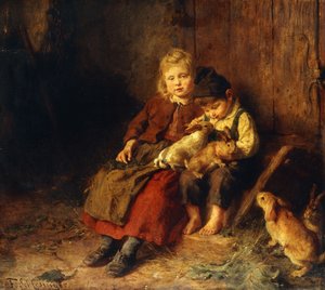 Två barn som leker med kaniner,