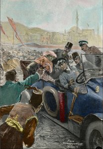 Mordet på Franz Ferdinand (1863-1914) ärkehertig av Österrike och hans fru Sophie i Sarajevo (gravyr)