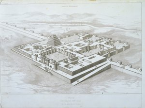 Khorsabad-palatset, historisk utsikt från sydost med en del av de befästa murarna, illustration från 