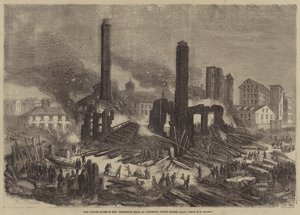 De brinnande ruinerna av Pemberton Mills, i Lawrence, USA