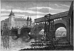 Förvandlingar av Paris under det andra imperiet, Haussmann Paris: rivning av Pont au Change (1639-1647) och installation av den tillfälliga bron. Gravyr av Felix Thorigny i "" Le Monde Illustré"" nr 78 av den 9 oktober 1858.