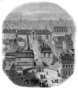 Utsikt över Gobelins gobelängfabrik i Paris, med kapucinerklostret, observatoriet och drottning Blanches slott. Gravyr av Thorigny av Felix Thorigny