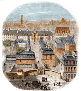 Utsikt över Gobelins gobelängfabrik i Paris, med kapucinerklostret, observatoriet och drottning Blanches slott. Gravyr av Thorigny av Felix Thorigny