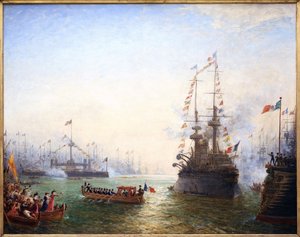 Toulon, besök av president Emile Loubet (1838-1929) i de franska och italienska flyglarna i april 1901. Målning av Felix Ziem (1821-1911), Olja på duk av Félix Ziem