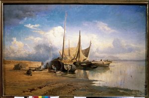 View of the Volga, Boats (View of the Volga, Boats) - Målning av Fjodor Alexandrovich Vasilyev (Feodor Alexandrovich, Fiodor Alexandrovitch Vasiliev) (1850-1873), olja på duk