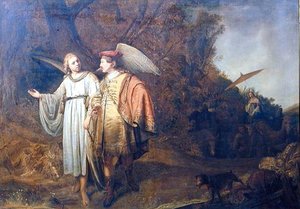 Tobias och ängeln Gabriel (olja på linne) av Ferdinand (attr.) Bol