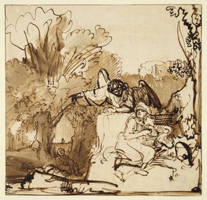 Ängeln som visar sig för Hagar och Ismael (penna och bläck och tvätt på papper) av Ferdinand Bol