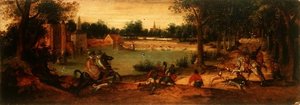 The Boar Hunt: Ett av ett par landskap av Ferdinand Bol