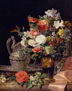 Blombukett med silverkärl och antik vas av Ferdinand Georg Waldmüller