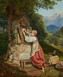 En flicka dekorerar Guds moder med en ros av Ferdinand Georg Waldmuller