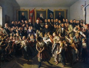 Barn till fattiga föräldrar får vinterkläder av Spittelbergs samhälle på Mikaelmässdagen av Ferdinand Georg Waldmuller