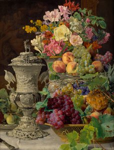 Stilleben med frukt, blommor och en silverbägare av Ferdinand Georg Waldmuller