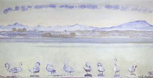 Nio svanar framför ett bergigt landskap; Genèves hamn, med nio svanar, från Quai du Mont Blanc, 1915 av Ferdinand Hodler