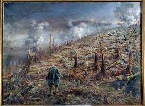 Första världskriget (1914-1918): ”Dödens ravin i Verdun” Landskap av ruiner och aska efter slaget. Målning av Ferdinand Joseph Gueldry (1858-1945) 1916 Paris. Museum för de två världskrigen