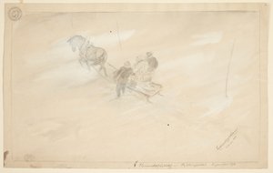 En släde sedd från ovan, dragen av en häst, med två personer sittande och en stående bredvid, allt sett bakifrån av Ferdinand Kjerulf Tranaas
