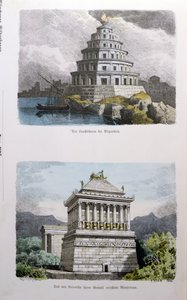 Den stora fyren i Alexandria och mausoleet i Halikarnassos, från en serie av "Världens sju underverk" som publicerades i "Munchener Bilderbogen", 1886.